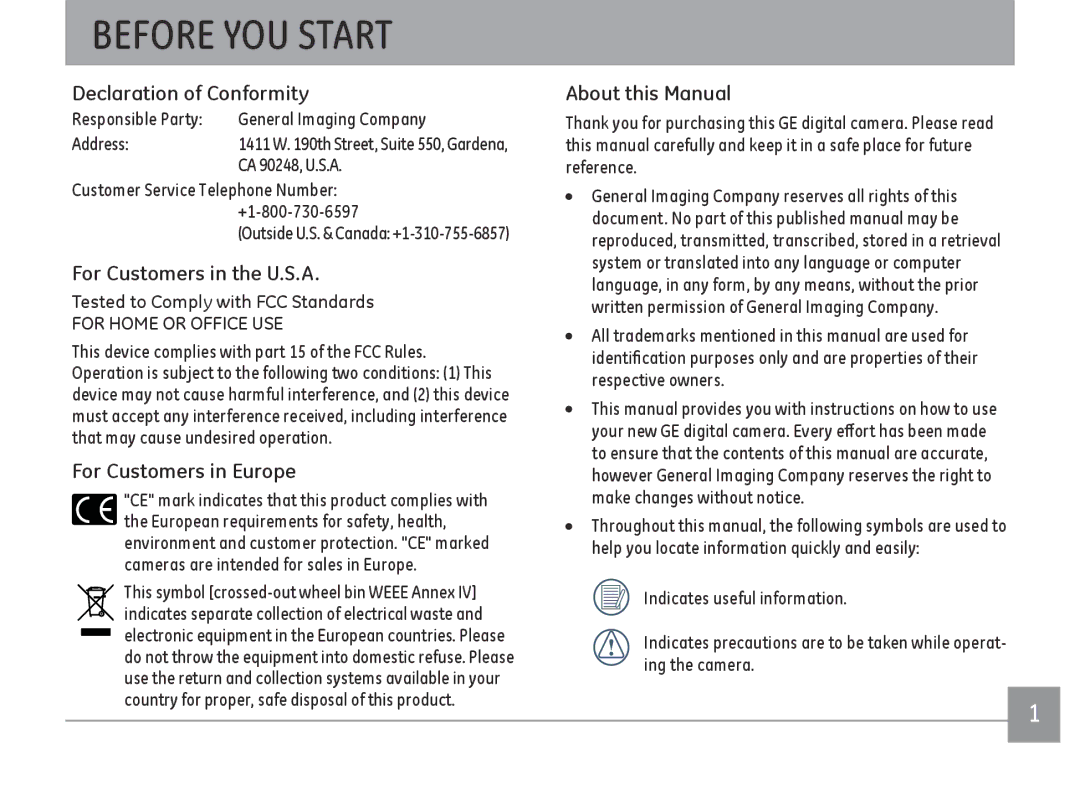 GE X2600 user manual Declaration of Conformity, For Customers in the U.S.A, For Customers in Europe, About this Manual 