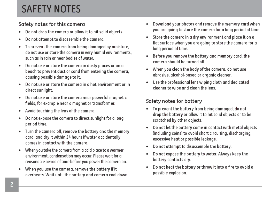 GE DSC-X2600-BK-US-1 user manual Safety notes for this camera, Safety notes for battery 