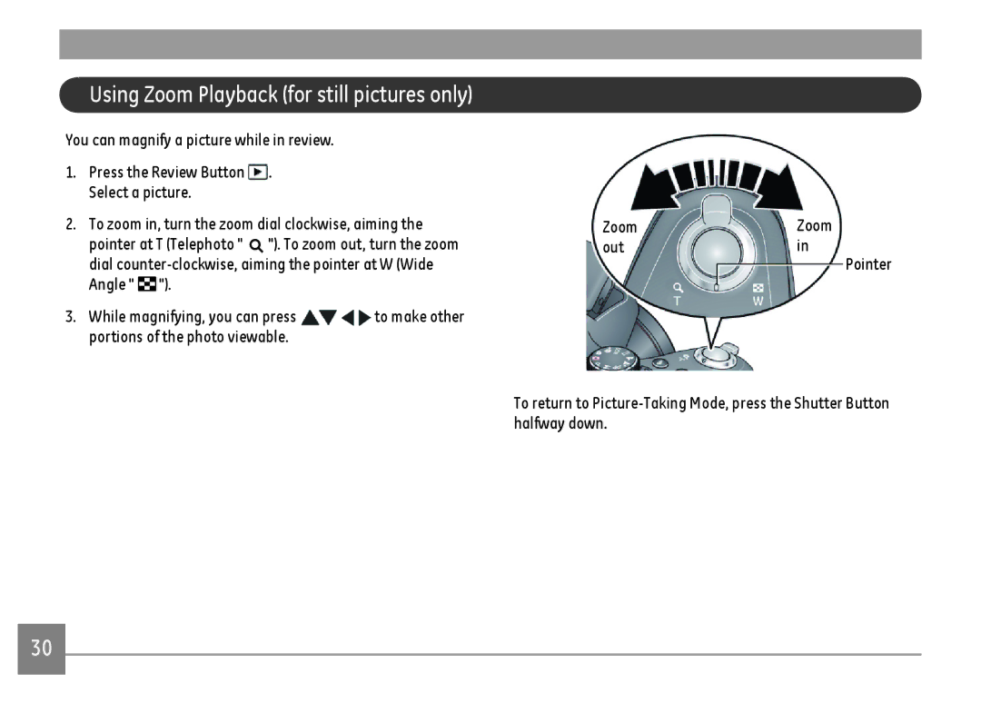 GE DSC-X2600-BK-US-1 user manual Using Zoom Playback for still pictures only 