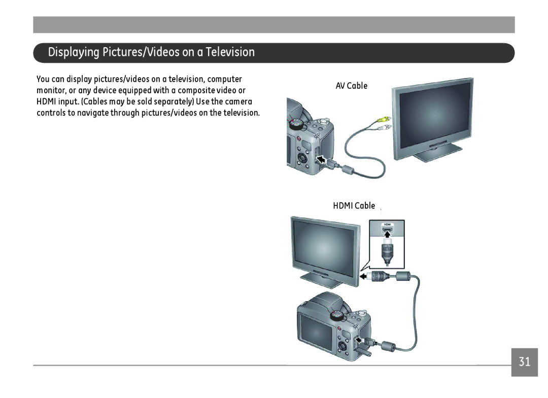 GE DSC-X2600-BK-US-1 user manual Displaying Pictures/Videos on a Television, AV Cable HDMIICable 