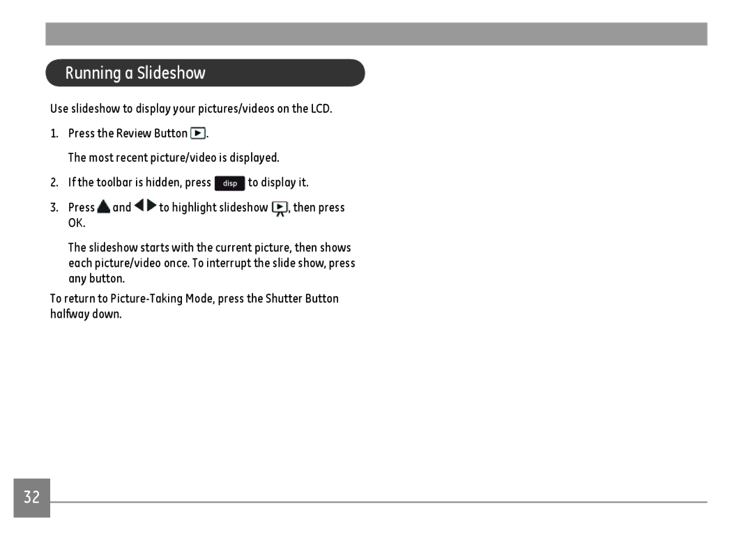 GE DSC-X2600-BK-US-1 user manual Running a Slideshow 