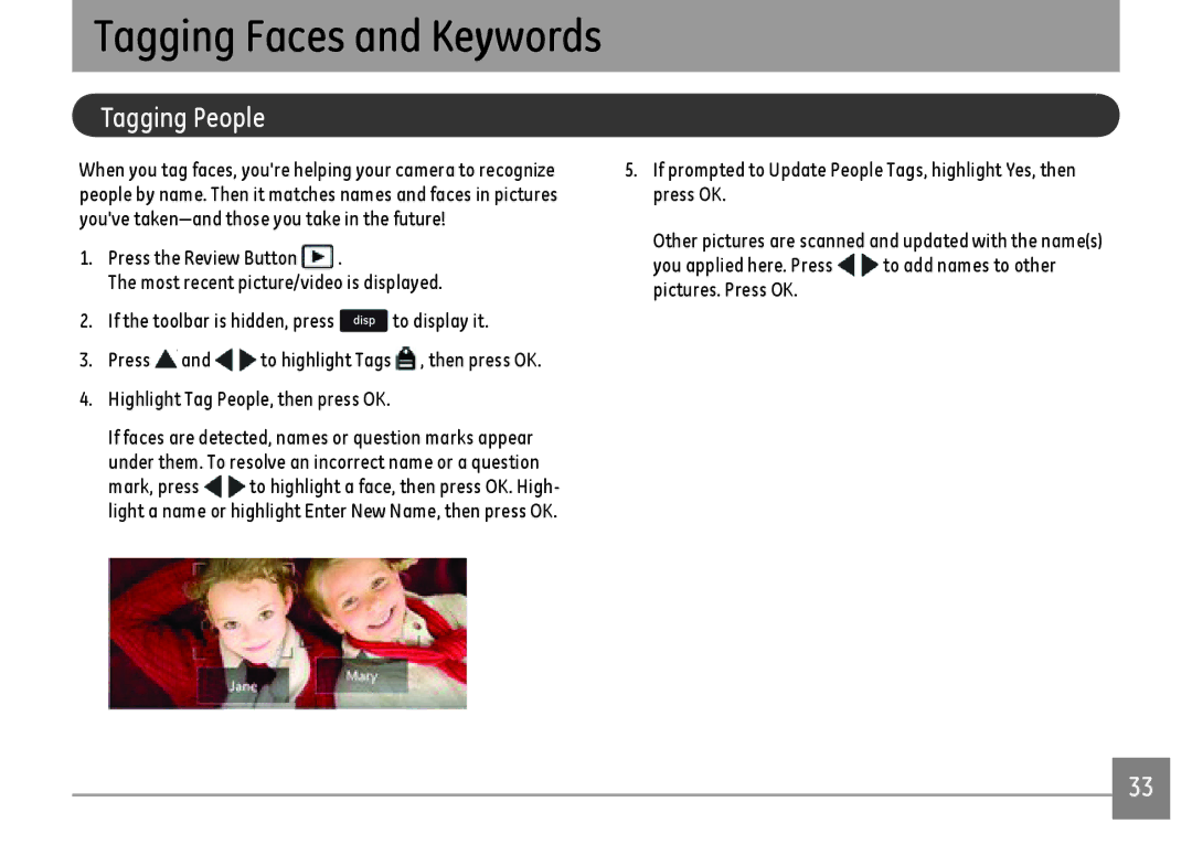 GE DSC-X2600-BK-US-1 user manual Tagging Faces and Keywords, Tagging People 