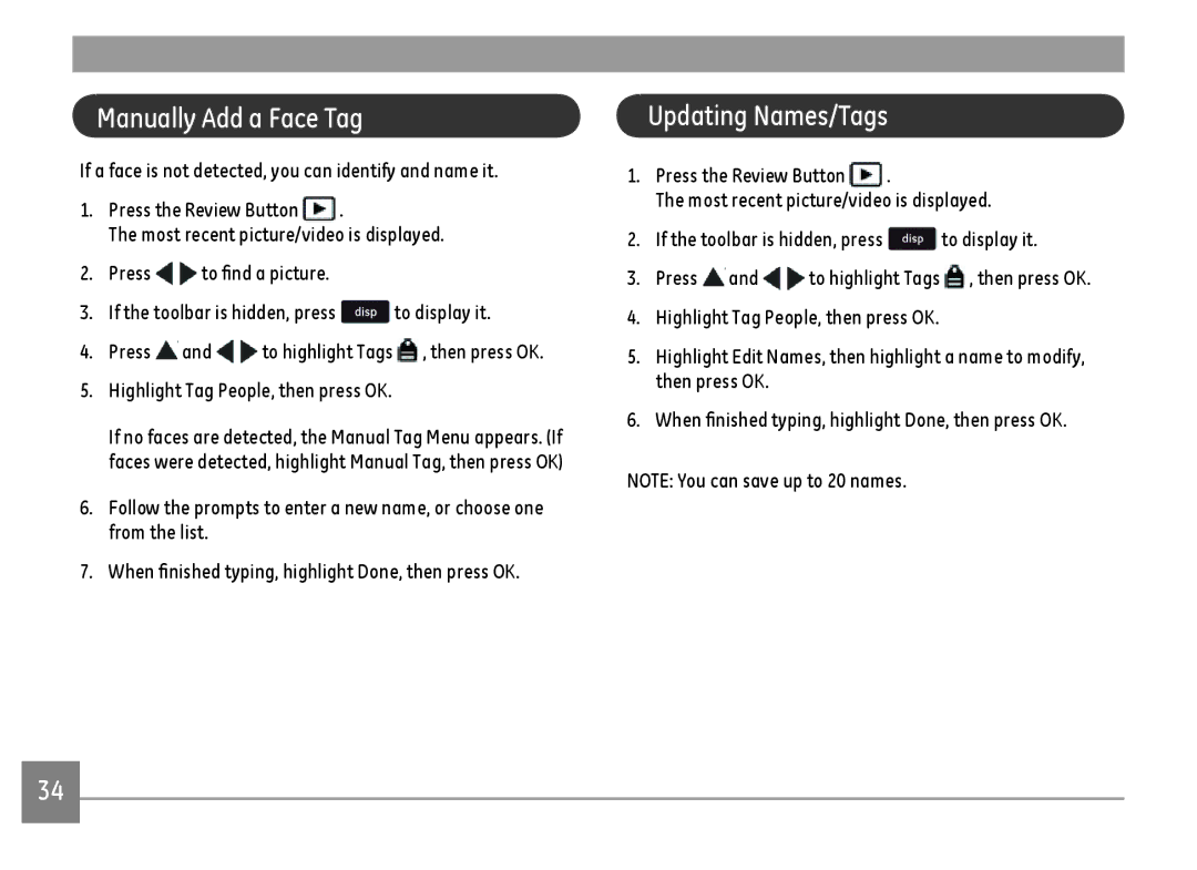 GE DSC-X2600-BK-US-1 user manual Manually Add a Face Tag, Updating Names/Tags 