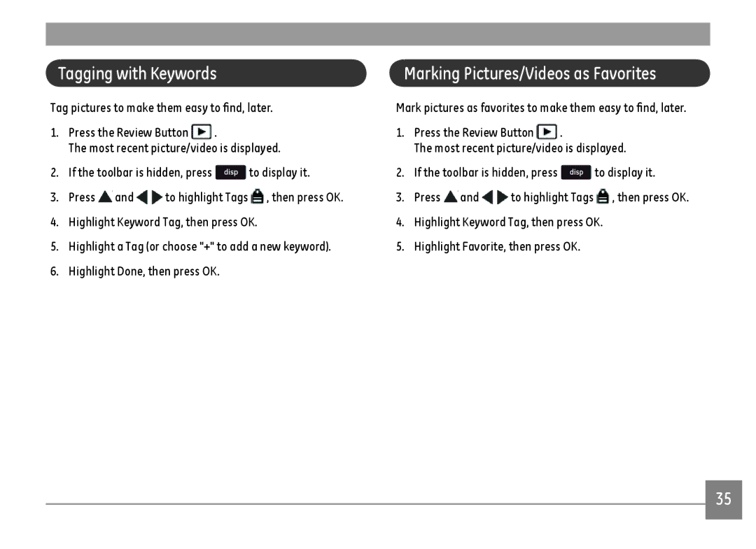 GE DSC-X2600-BK-US-1 user manual Tagging with Keywords, Marking Pictures/Videos as Favorites 