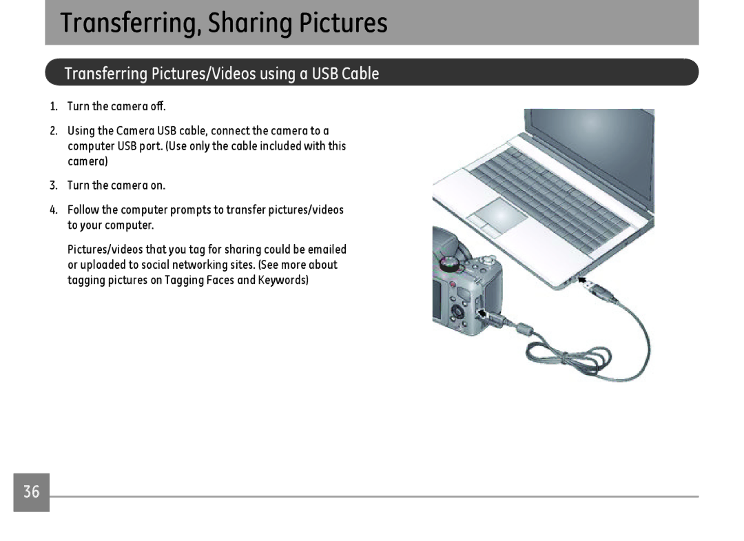 GE DSC-X2600-BK-US-1 user manual Transferring, Sharing Pictures, Transferring Pictures/Videos using a USB Cable 