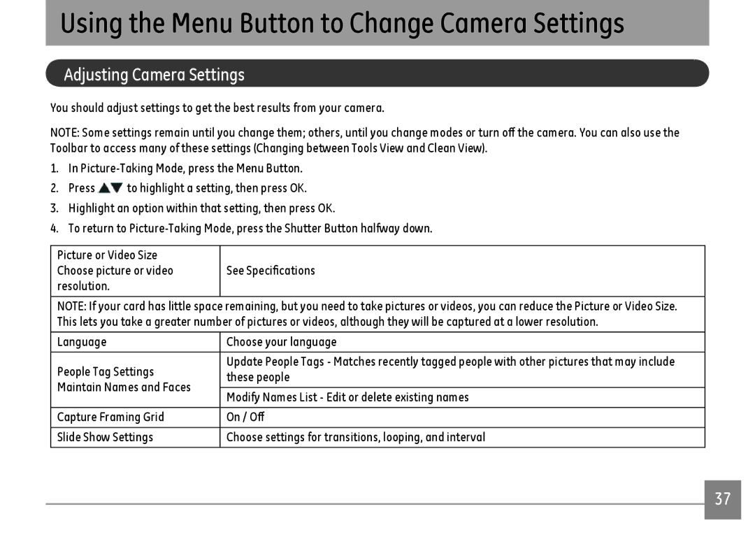 GE DSC-X2600-BK-US-1 user manual Adjusting Camera Settings, These people, Maintain Names and Faces 