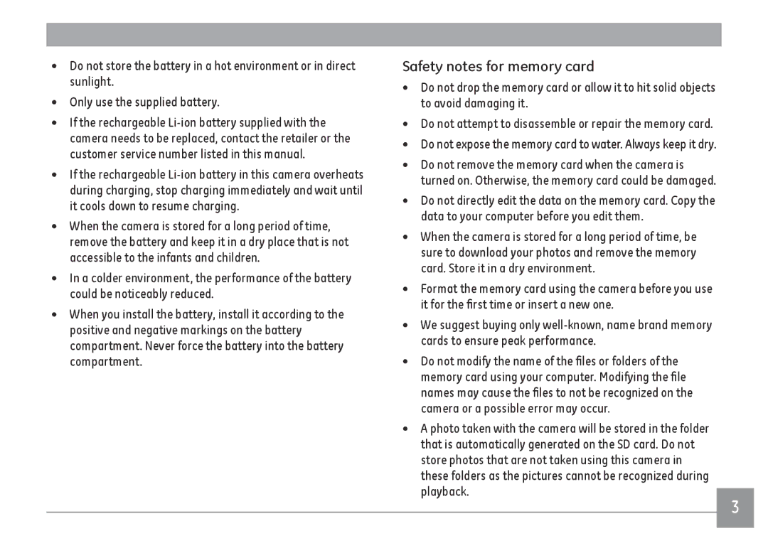 GE DSC-X2600-BK-US-1 Safety notes for memory card, Do not expose the memory card to water. Always keep it dry 