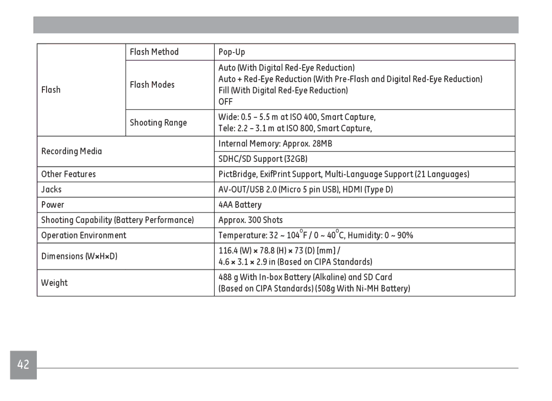 GE DSC-X2600-BK-US-1 user manual Fill With Digital Red-Eye Reduction, Approx Shots, 116.4 W × 78.8 H × 73 D mm 