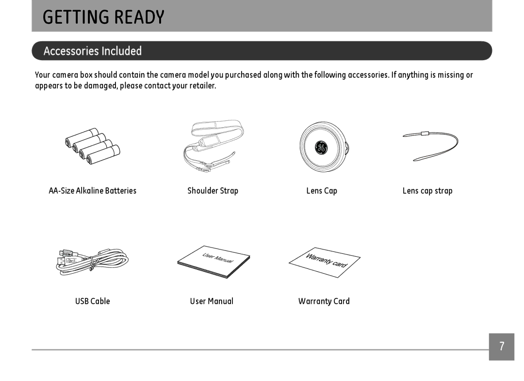 GE DSC-X2600-BK-US-1 user manual Accessories Included, USB Cable 