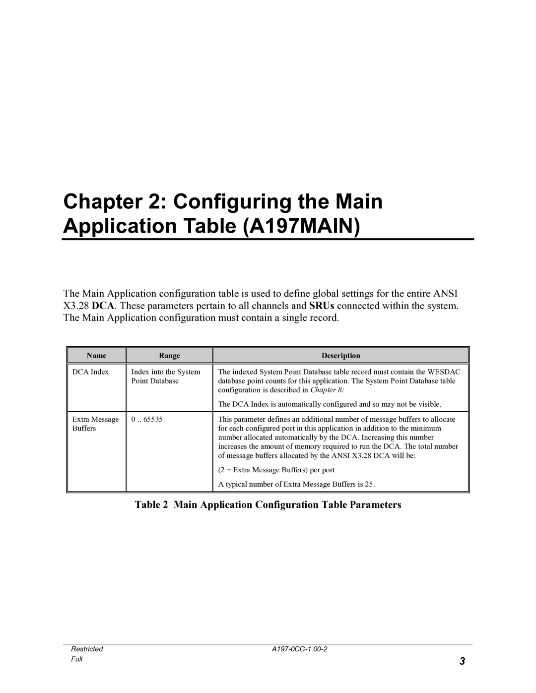 GE X3.28 manual Configuring the Main Application Table A197MAIN, Main Application Configuration Table Parameters 