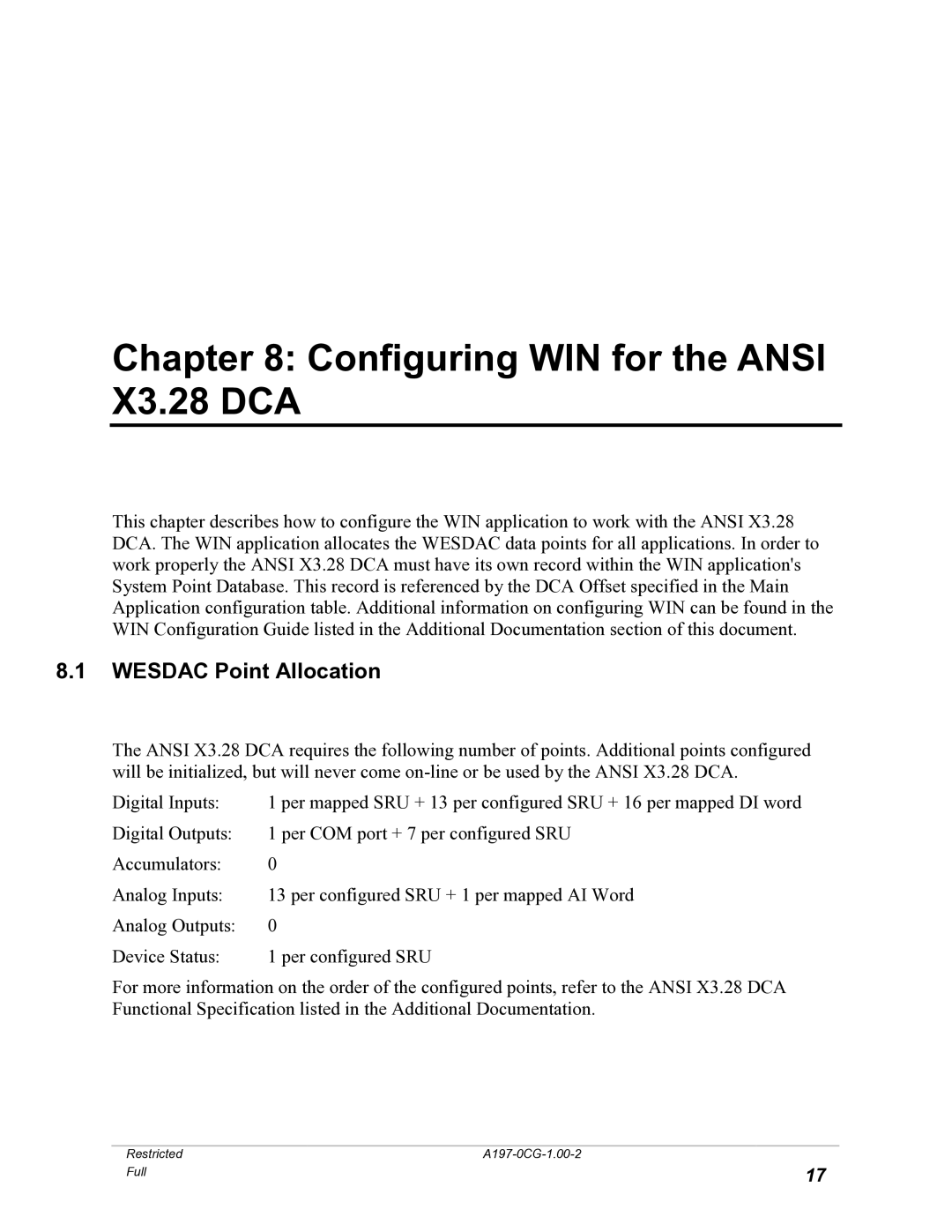 GE manual Configuring WIN for the Ansi X3.28 DCA, Wesdac Point Allocation 