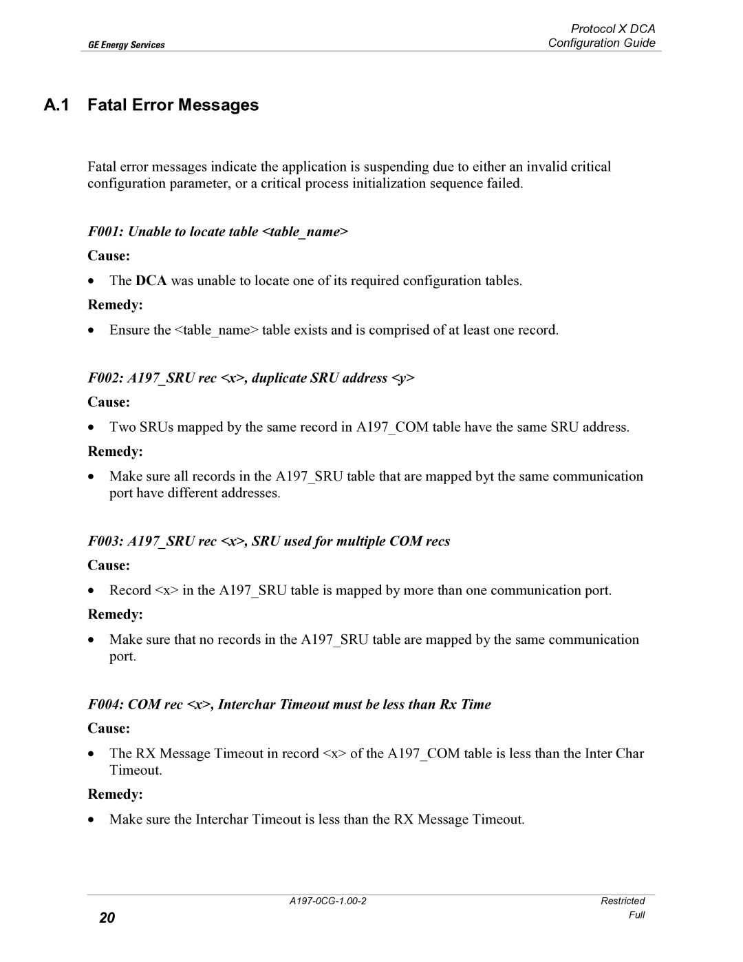 GE X3.28 manual Fatal Error Messages, F001 Unable to locate table tablename, F002 A197SRU rec x, duplicate SRU address y 