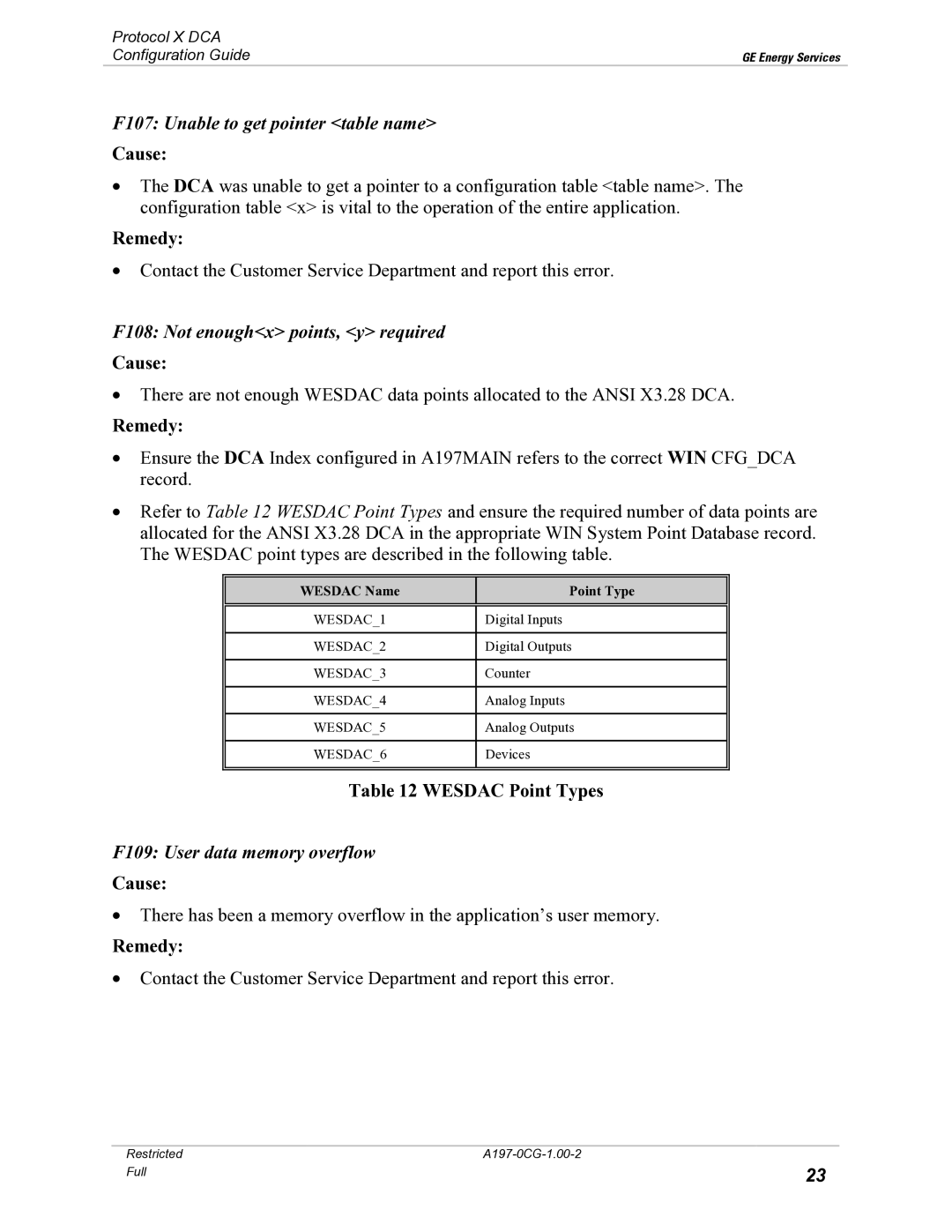 GE X3.28 manual F107 Unable to get pointer table name, F108 Not enoughx points, y required, Wesdac Point Types 