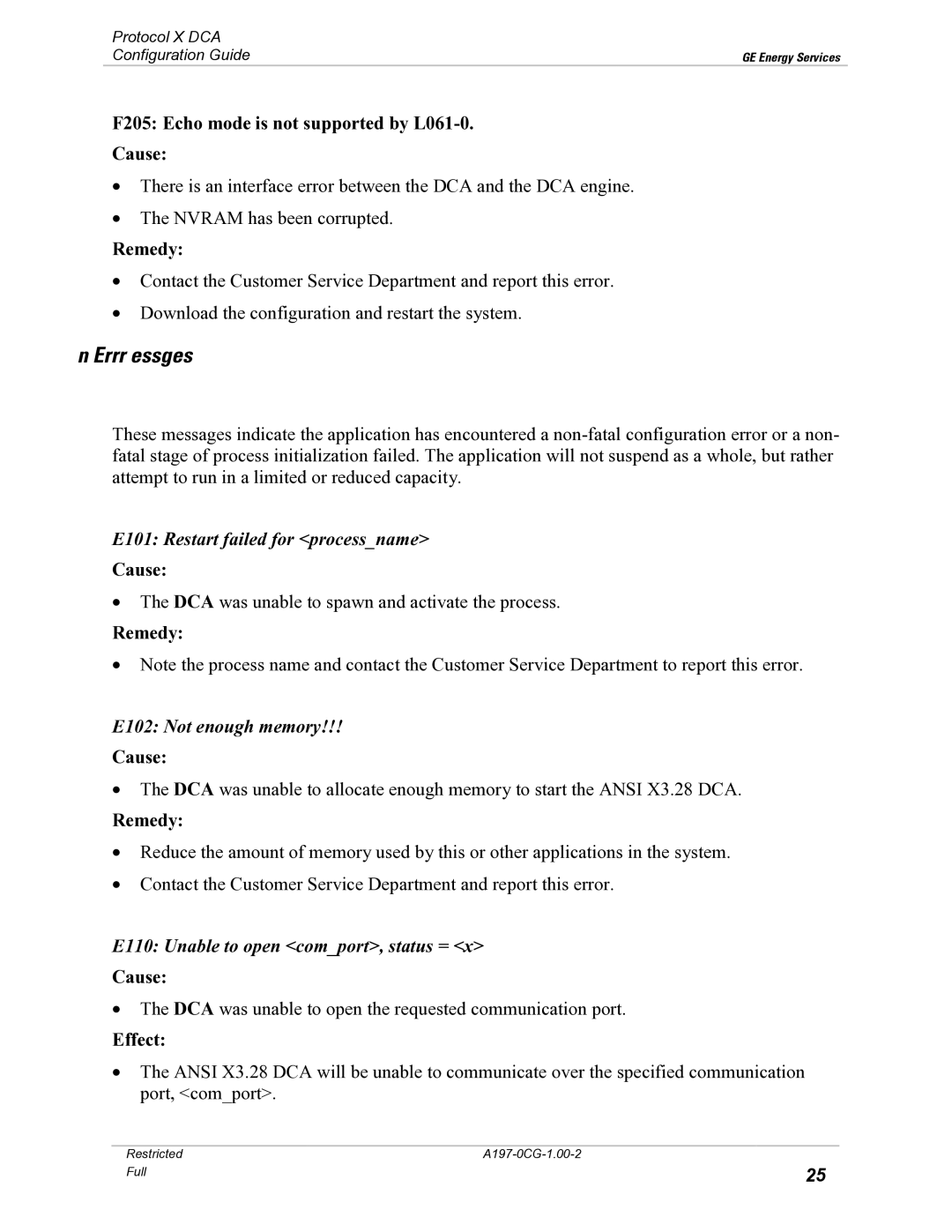 GE X3.28 manual Non-Fatal Error Messages, E101 Restart failed for processname, E102 Not enough memory 
