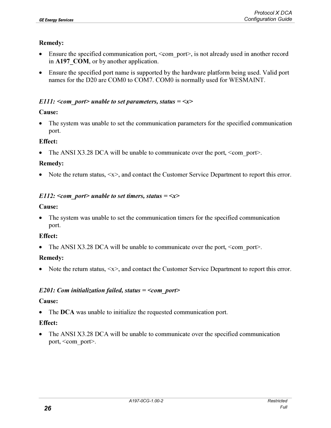 GE X3.28 manual E111 comport unable to set parameters, status =, E112 comport unable to set timers, status = 