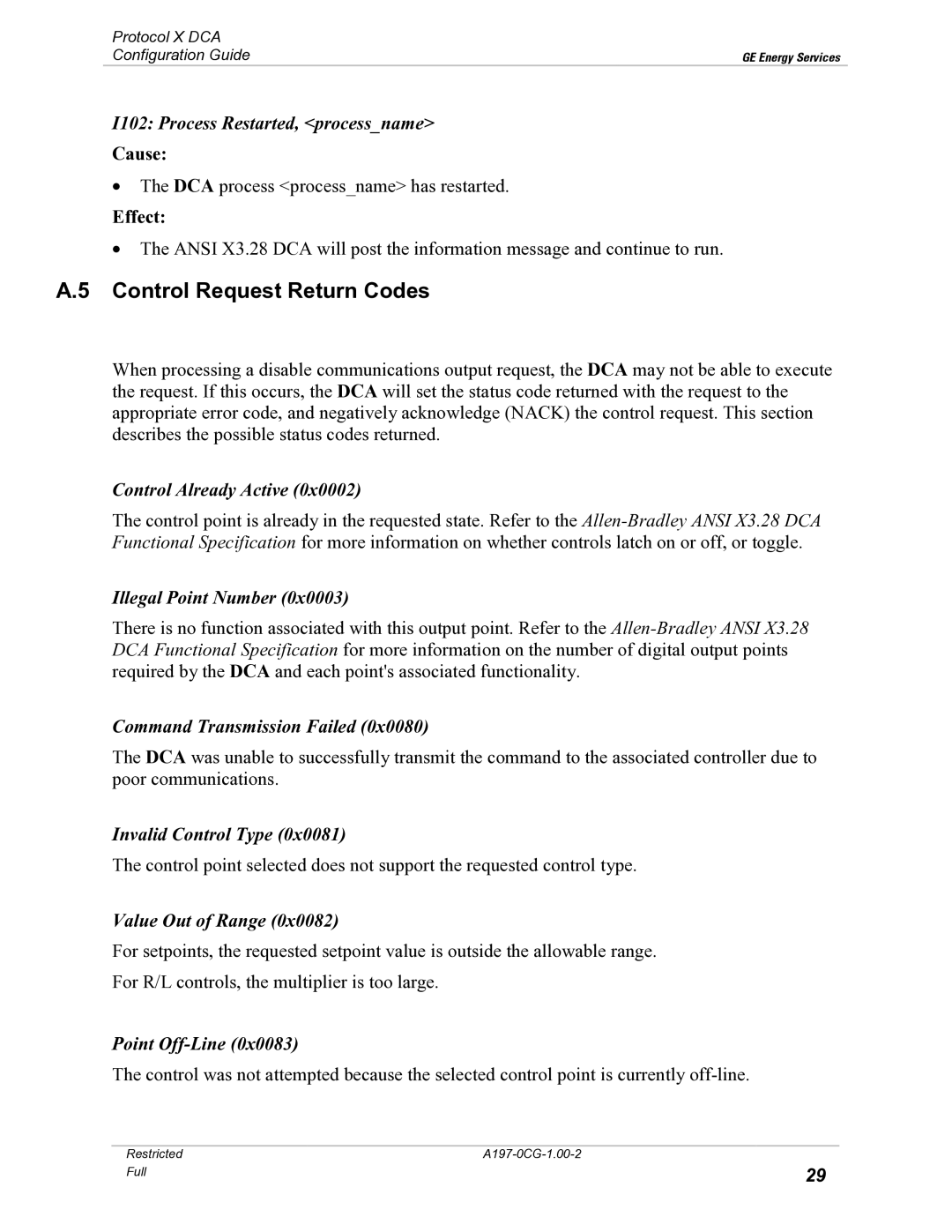 GE X3.28 manual Control Request Return Codes 