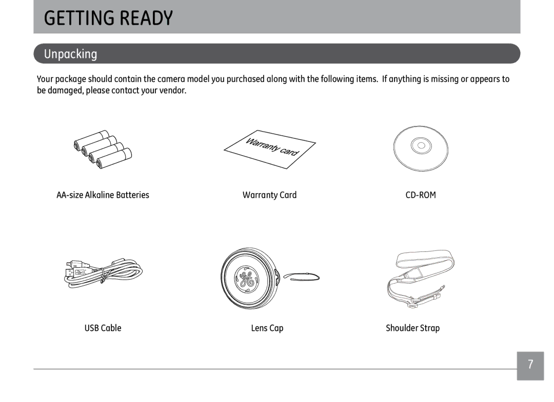 GE X500-BK user manual Getting Ready, Unpacking, $$Vlh$Ondolqh%Dwwhulhv, Warranty Card, USB Cable Lens Cap 