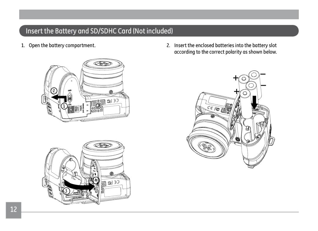 GE X500-BK user manual Insert the Battery and SD/SDHC Card Not included, Open the battery compartment 