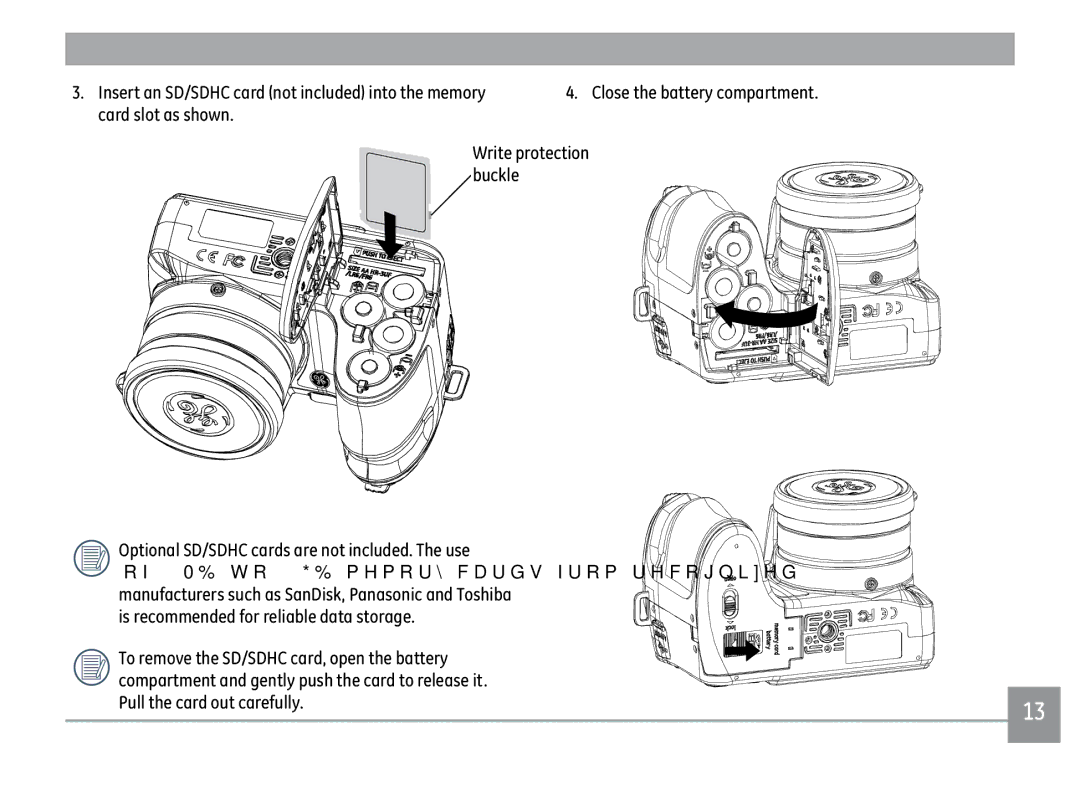 GE X500-BK user manual Insert an SD/SDHC card not included into the memory, Card slot as shown 