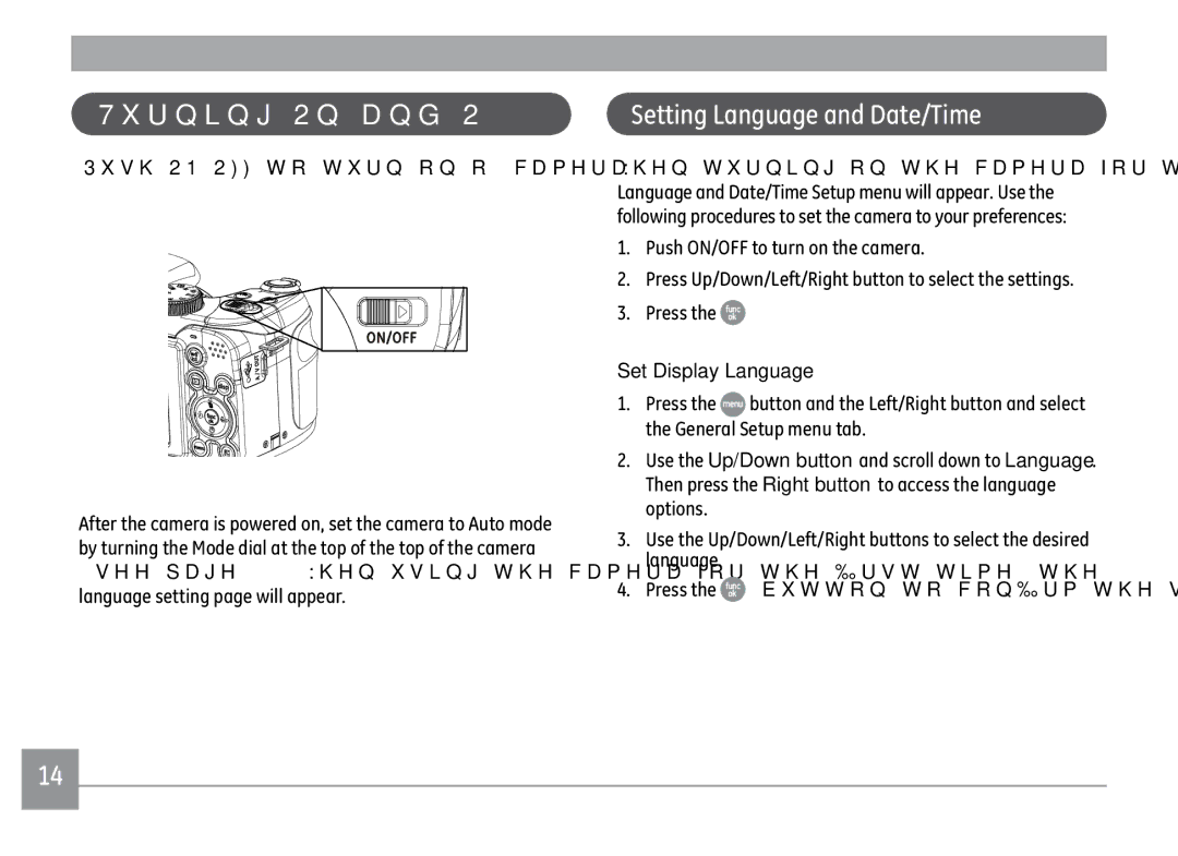 GE X500-BK user manual Setting Language and Date/Time, 3XVK212WRWXUQRQRȖFDPHUD, Set Display Language 