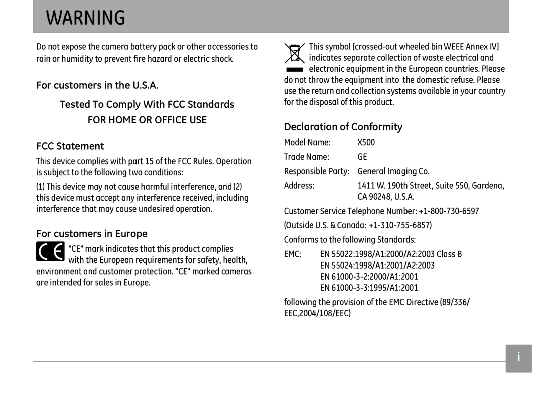 GE X500-BK user manual FCC Statement, For customers in Europe, Declaration of Conformity, Emc 