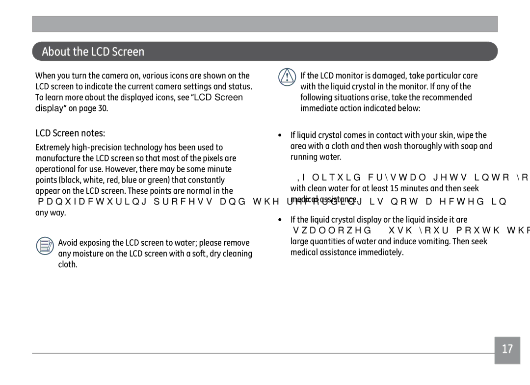 GE X500-BK user manual About the LCD Screen, If the liquid crystal display or the liquid inside it are 