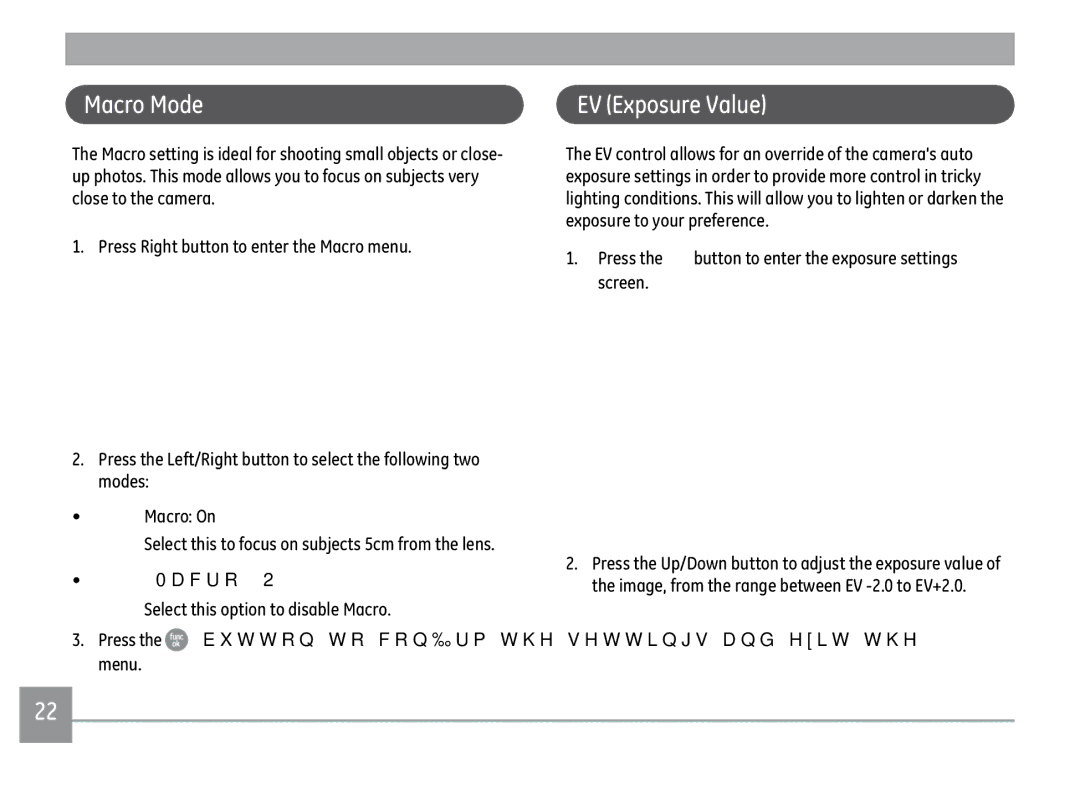 GE X500-BK user manual Macro Mode, EV Exposure Value, Press the button to enter the exposure settings screen 