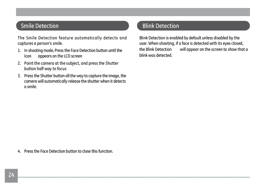 GE X500-BK user manual Smile Detection, Blink Detection 