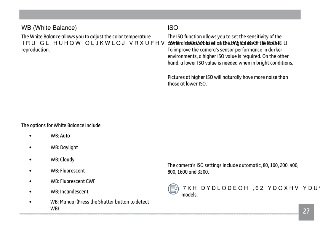 GE X500-BK user manual WB White Balance, Iso 