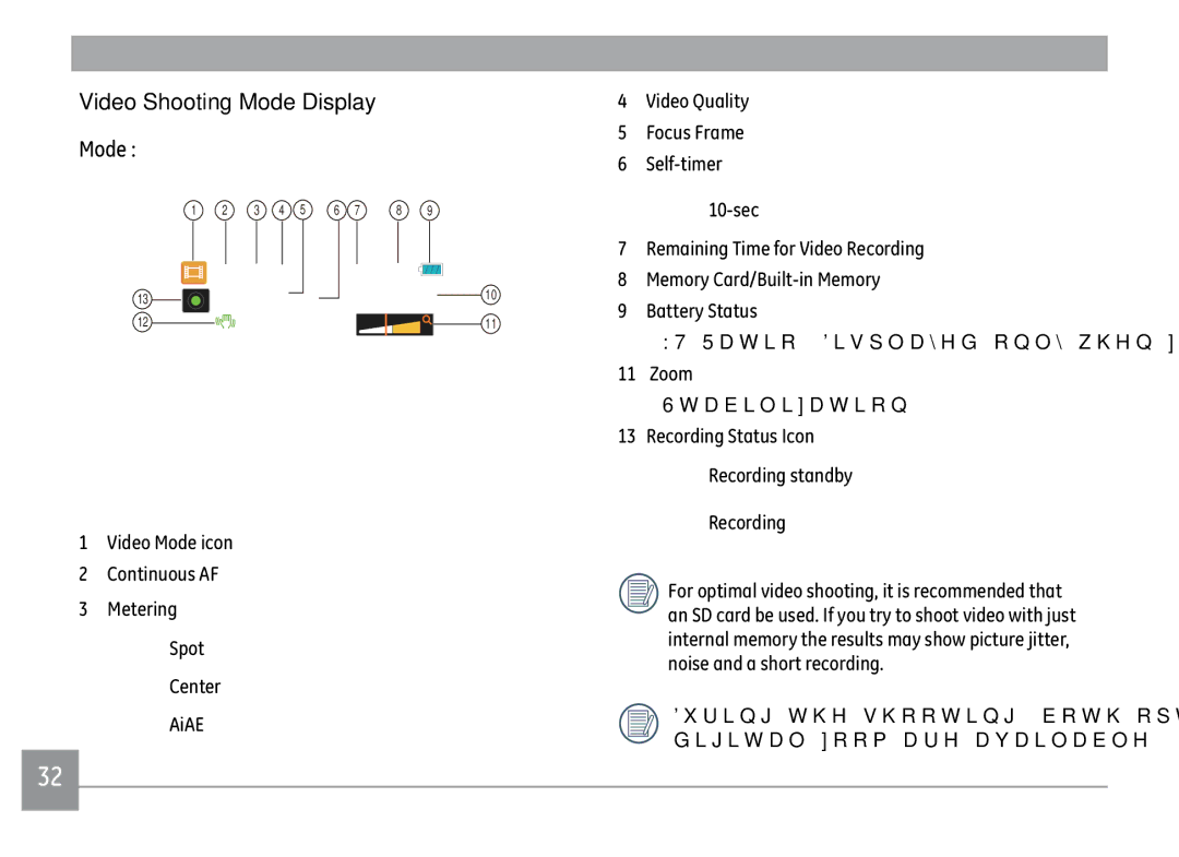 GE X500-BK user manual Video Shooting Mode Display, Zoom,  6WDELOLDWLRQ, GljlwdoRrpDuhDydlodeoh 