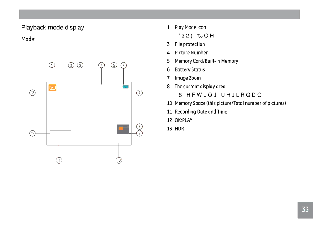 GE X500-BK user manual Playback mode display,  $ȖhfwlqjUhjlrqdo, Okplay, 13 HDR 