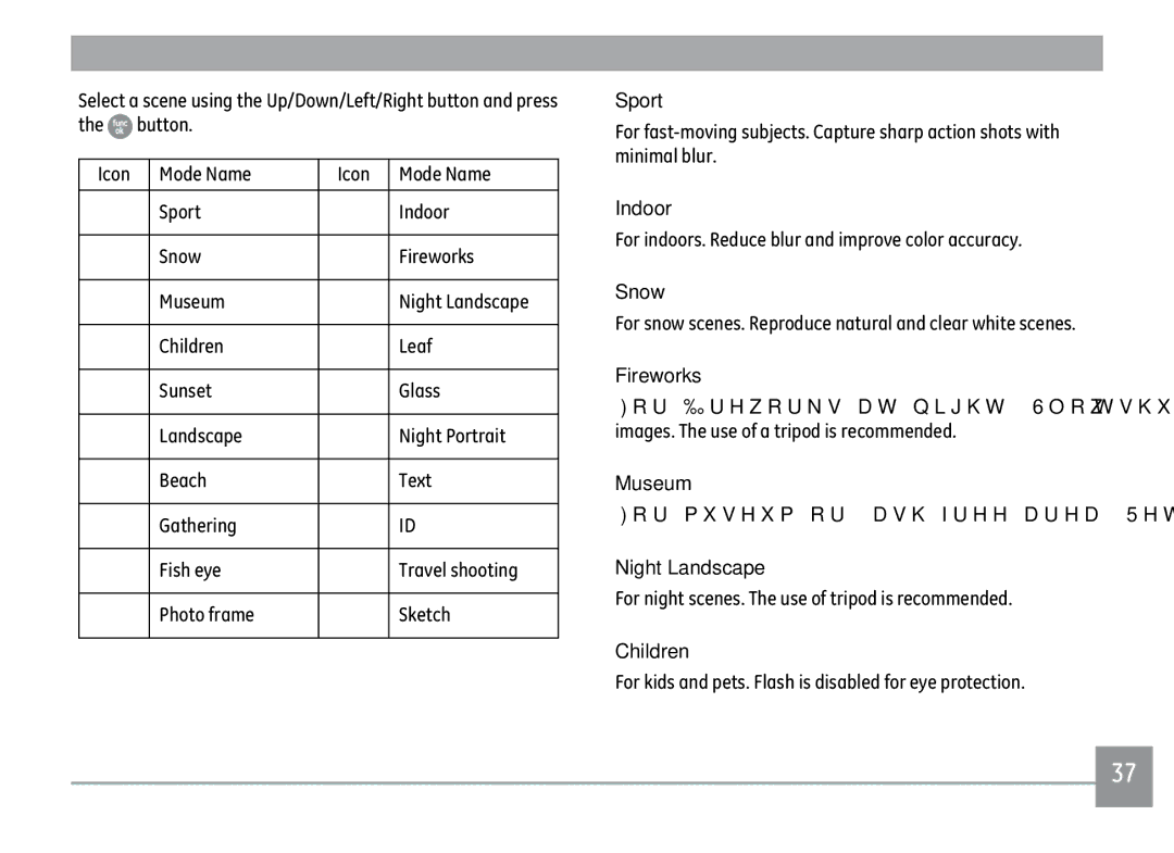 GE X500-BK user manual Sport, Indoor, Snow, Fireworks, Museum, Night Landscape, Children 