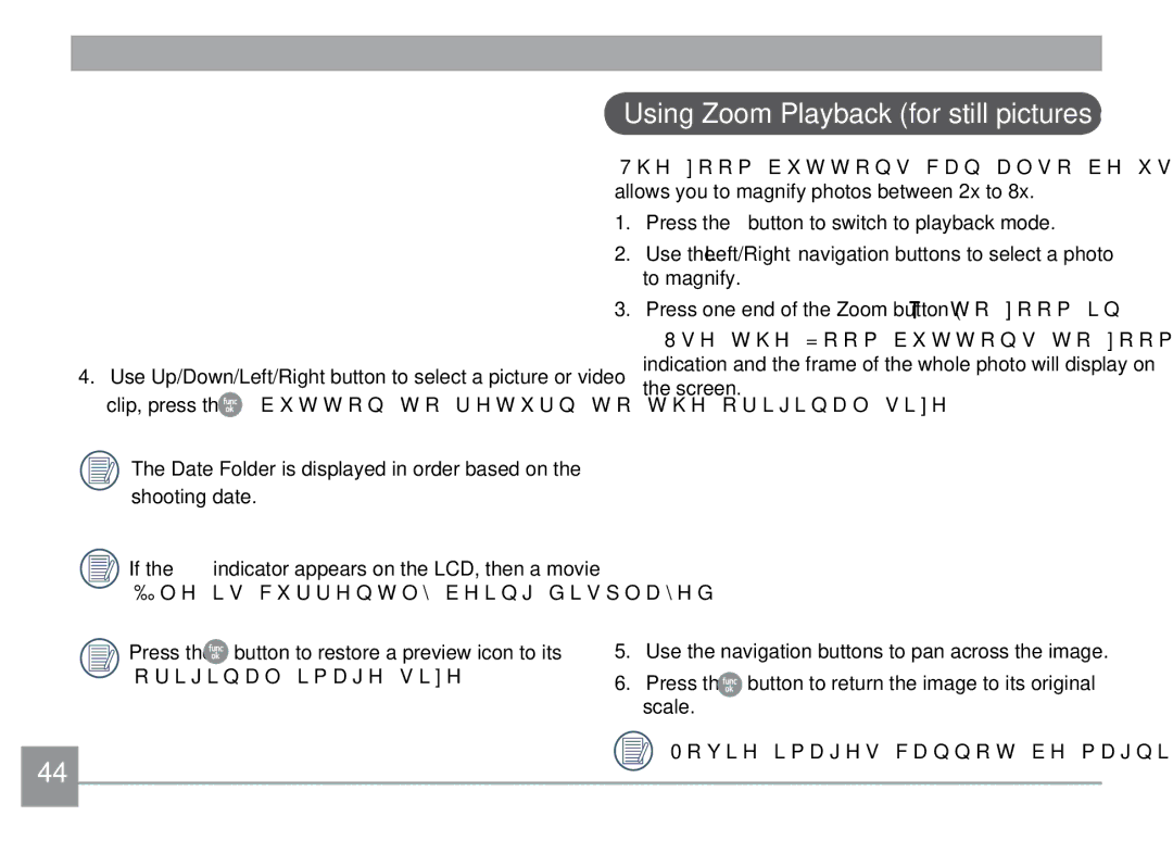 GE X500-BK user manual Using Zoom Playback for still pictures only, 0RYLHLPDJHVFDQQRWEHPDJQL½HG 