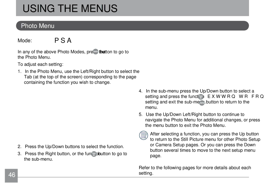 GE X500-BK user manual Using the Menus, Photo Menu 