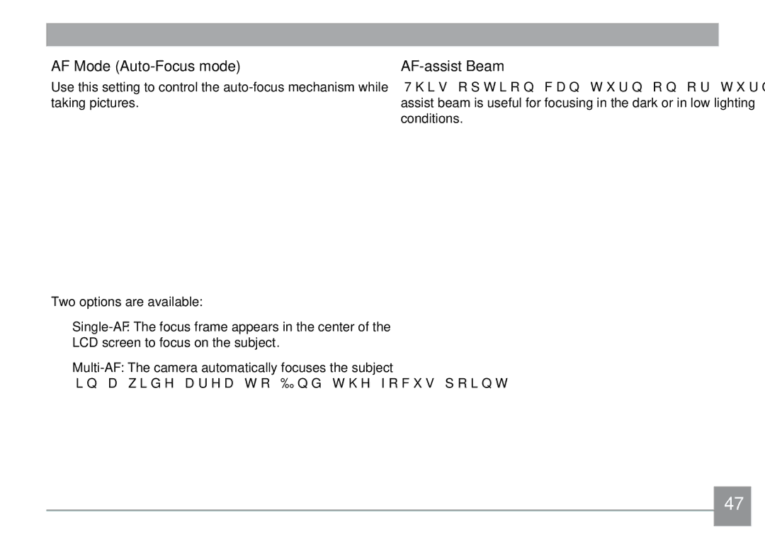 GE X500-BK user manual AF Mode Auto-Focus mode, AF-assist Beam, LQDZLGHDUHDWR½QGWKHIRFXVSRLQW 