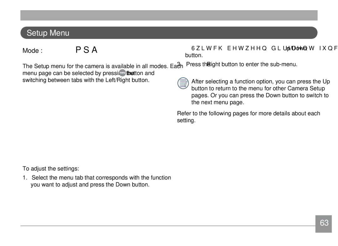 GE X500-BK user manual Setup Menu, Mode, To adjust the settings, Press the Right button to enter the sub-menu 