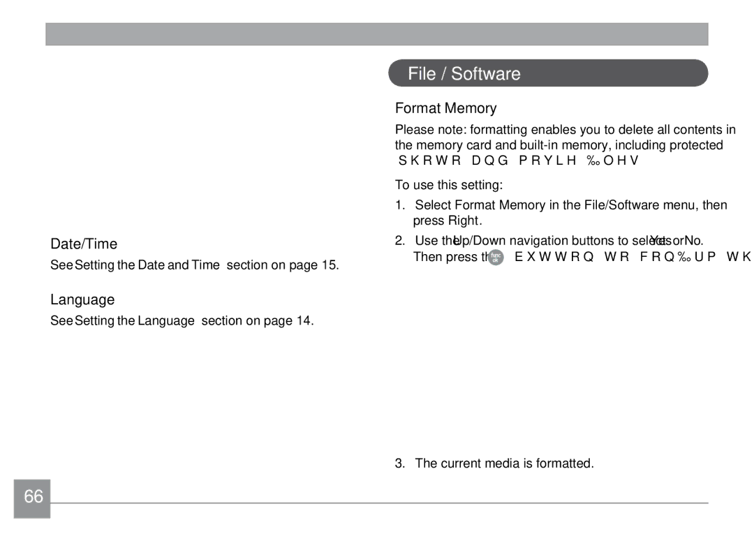 GE X500-BK user manual File / Software, Date/Time, Language, Format Memory 