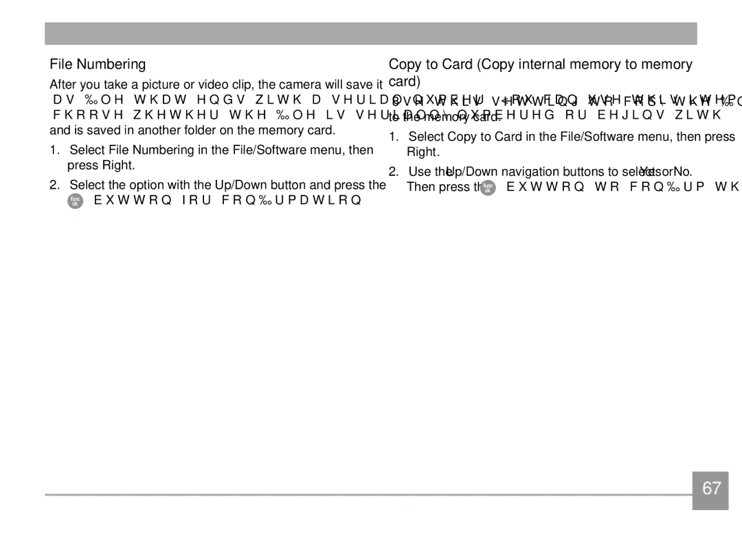 GE X500-BK user manual File Numbering, Copy to Card Copy internal memory to memory card 