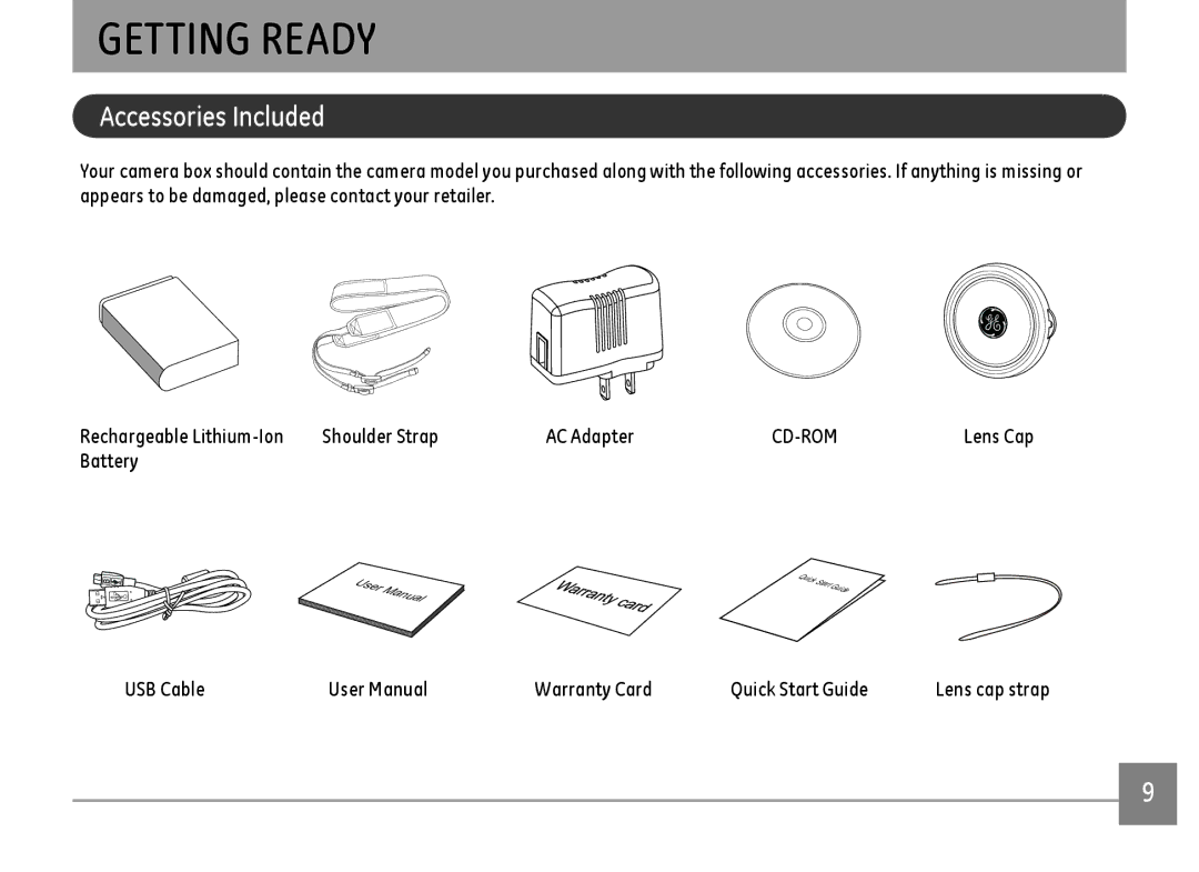 GE DSC-X600-BK-US-1 user manual Getting Ready, Accessories Included, Battery, USB Cable Warranty Card Quick Start Guide 