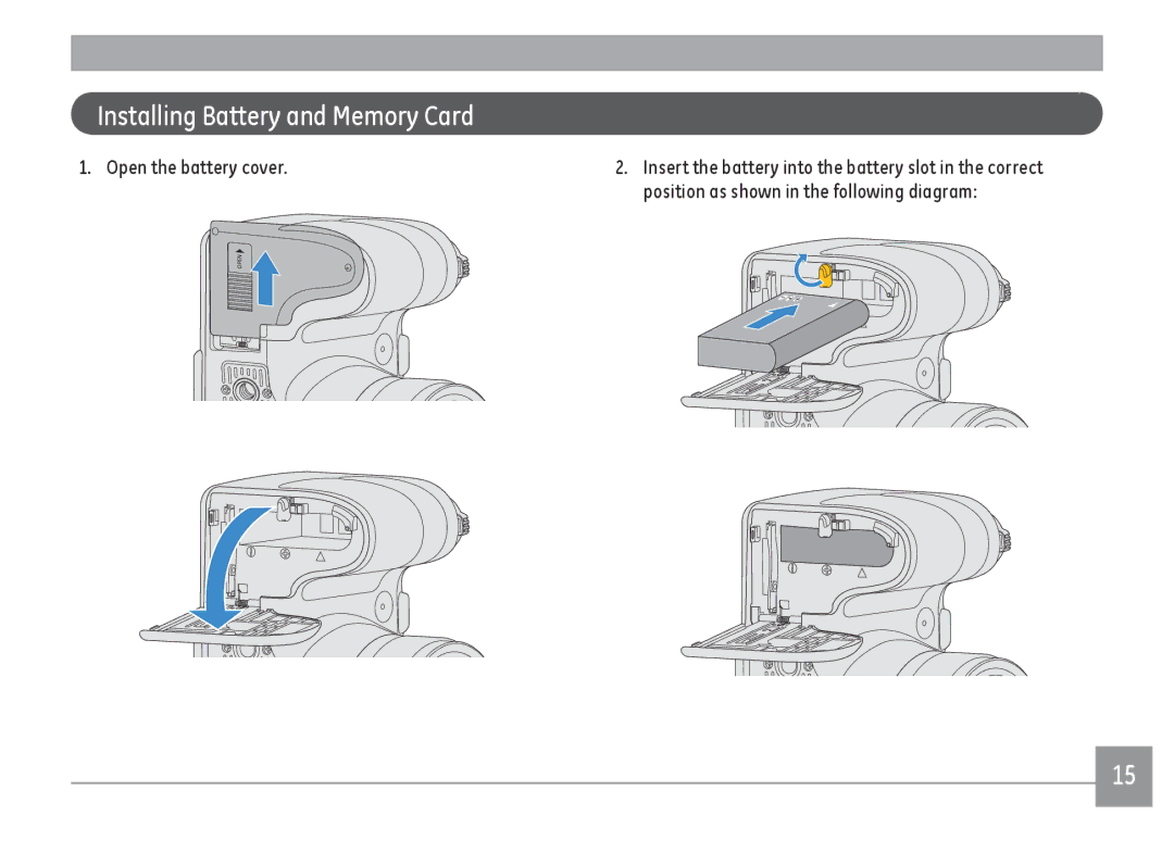 GE DSC-X600-BK-US-1 user manual Installing Battery and Memory Card, Open the battery cover 