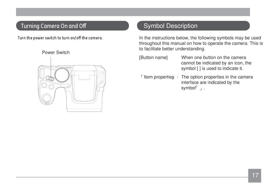 GE DSC-X600-BK-US-1 user manual Turning Camera On and Off, Symbol Description 