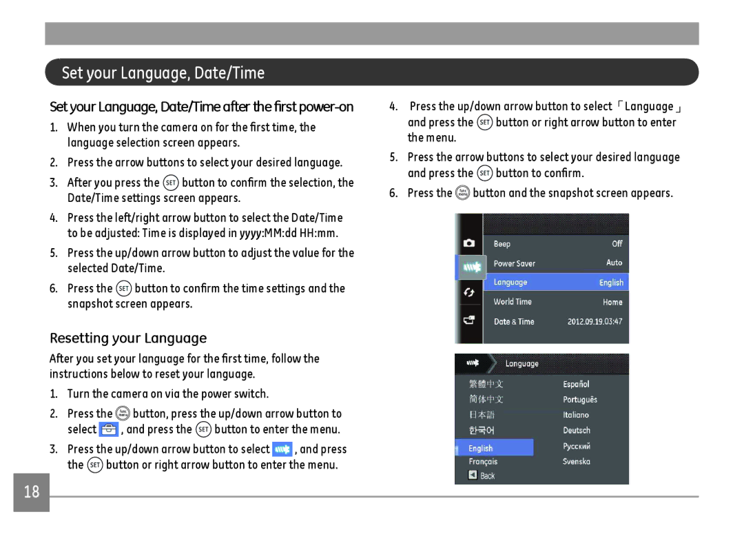 GE DSC-X600-BK-US-1 user manual Set your Language, Date/Time, Resetting your Language, Date/Time settings screen appears 