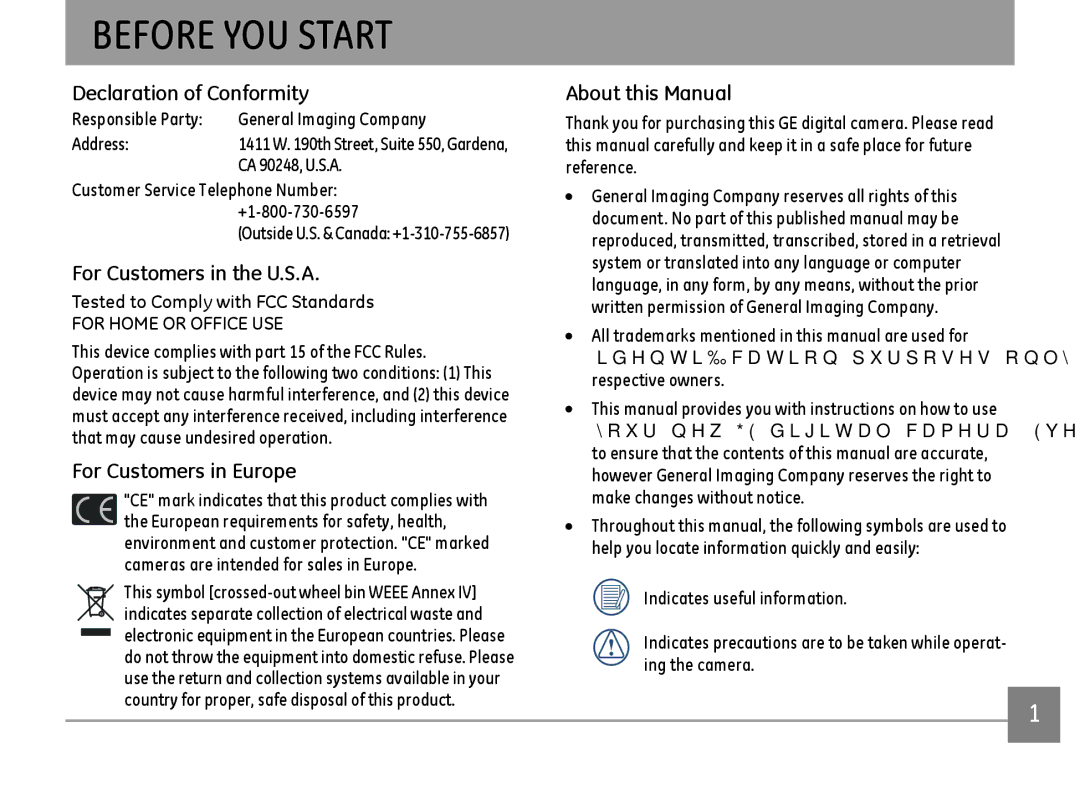 GE DSC-X600-BK-US-1 Before YOU Start, Declaration of Conformity, For Customers in the U.S.A, For Customers in Europe 