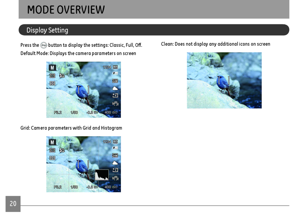 GE DSC-X600-BK-US-1 user manual Mode Overview, Display Setting, Grid Camera parameters with Grid and Histogram 