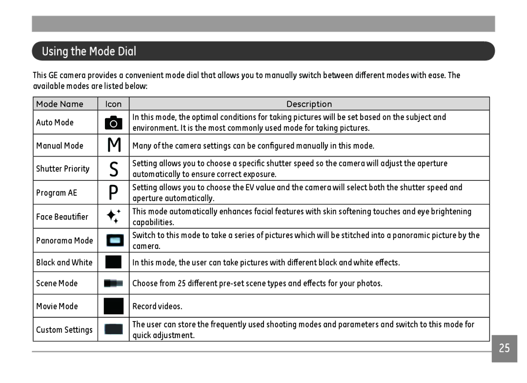 GE DSC-X600-BK-US-1 user manual Using the Mode Dial 