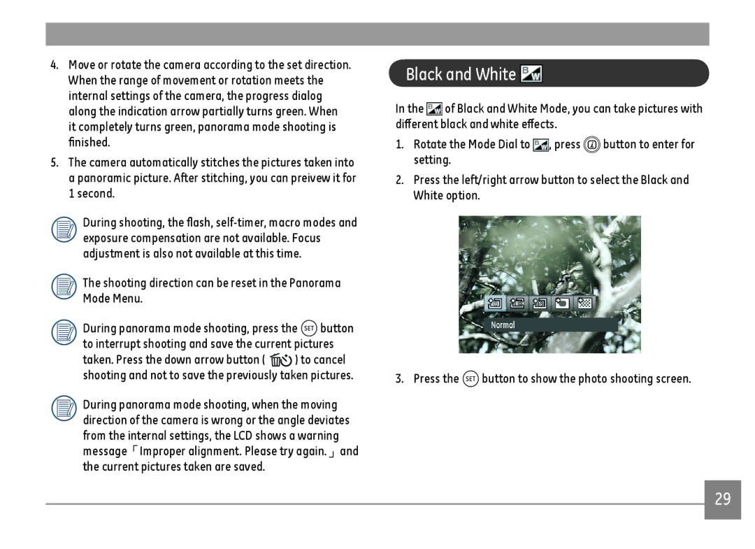 GE DSC-X600-BK-US-1 user manual Black and White, Shooting direction can be reset in the Panorama Mode Menu 