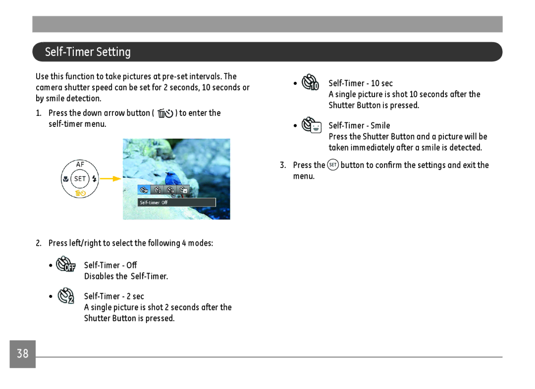 GE DSC-X600-BK-US-1 user manual Self-Timer Setting 