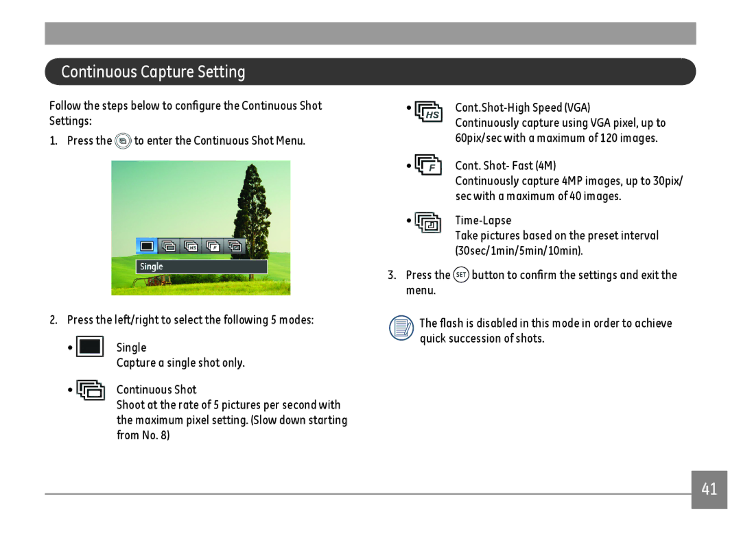 GE DSC-X600-BK-US-1 user manual Continuous Capture Setting, Cont. Shot- Fast 4M 