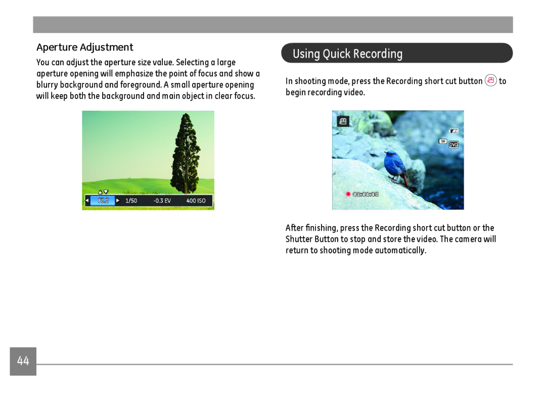 GE DSC-X600-BK-US-1 user manual Using Quick Recording, Aperture Adjustment 