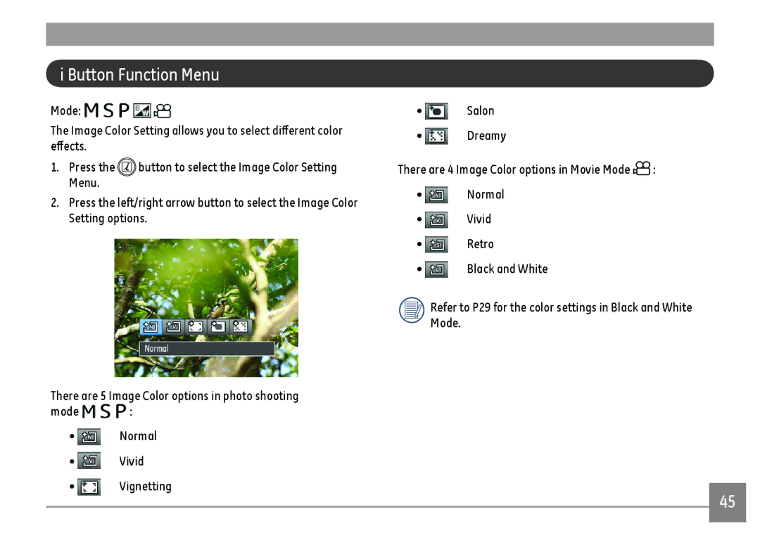 GE DSC-X600-BK-US-1 user manual Button Function Menu, Salon Dreamy 